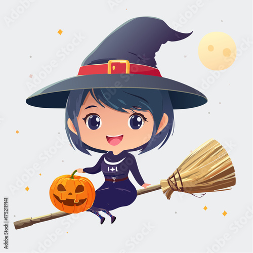 Charming witch flying on broom with transparent background
