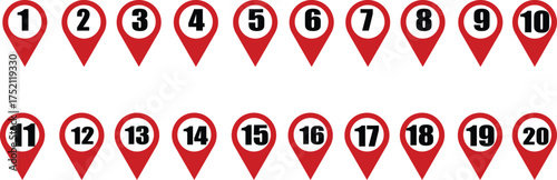 Numbered pointers from one to twenty for location tracking and progress visualization on a vector