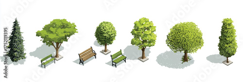 Isometric trees with benches illustration for urban landscape design and city infographics concept