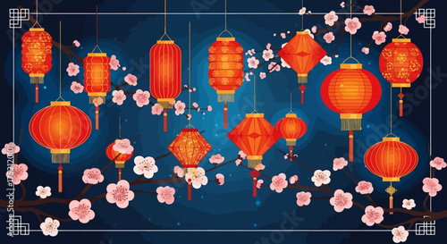 A festive vector illustration of colorful Chinese lanterns and plum blossoms on a dark blue background, white background