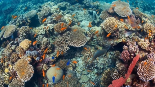 Vibrant tropical coral reef underwater filled with colorful fish and diverse marine life in clear blue ocean. Nature wildlife concept