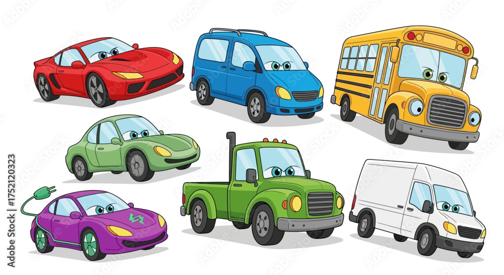 Naklejka premium A collection of colorful, cartoon-style vector illustrations of various cars and vehicles, white background
