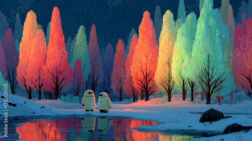 snowy playground under bright northern lights