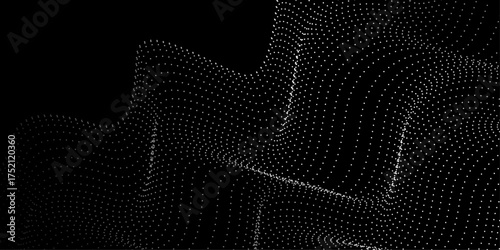 Abstract Contour Wave White 3D Waves on Black Background.Vector illustration. 3D flowing dot particles abstract wave line art for AI technology, music, science. Black abstract background and White dot