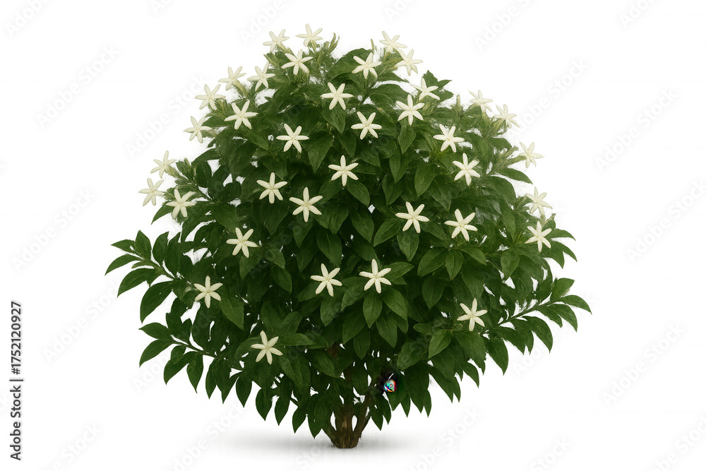 Fototapeta premium Flowering jasmine plant with white blossoms and lush green leaves, a beautiful fragrant shrub