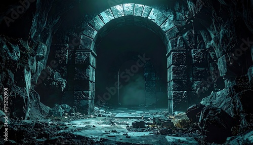 A mysterious stone archway glows amidst a dark, damp tunnel. The path ahead is obscured by mist and the light reflects off a wet floor