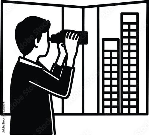 Silhouette of a young person looking through a window isolated on white background