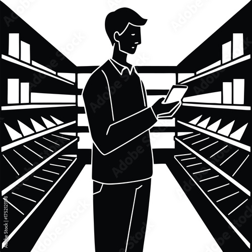 Silhouette of a young man standing in the center of a grocery store aisle isolated on white background