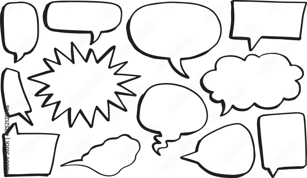 Fototapeta premium Collection of Hand-Drawn Speech Bubbles and Dialogue for Comic Strips, Social Media, and Web Design, Offering Various Shapes and Styles for Creative Communication