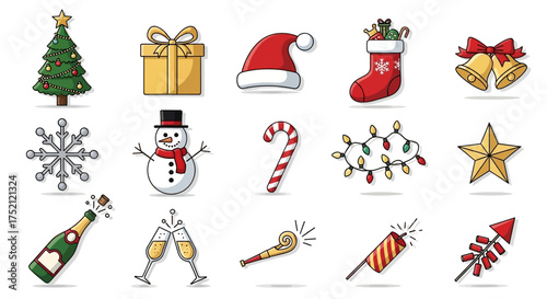 Holiday Icons Festive Christmas Ornaments, Gifts, and Santa Hat Emoji for Season's Greetings