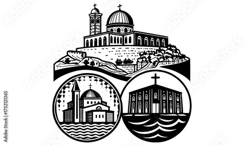 Line Art Collection of Churches, Crosses, and Mountain Landscapes