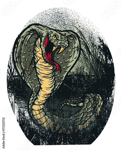 Cobra snake coiled in a dark, textured forest setting reptile animal