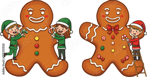 Festive children decorating giant gingerbread men, Christmas holiday cookies, candy canes, Santa costume, elves, icing, gumdrops, peppermint, joyful celebration, tradition
