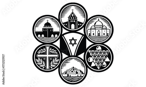 Line Art Collection of Churches, Crosses, and Mountain Landscapes
