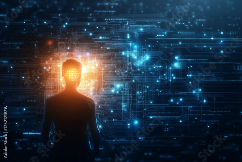 Human communicating with AI glowing softly in futuristic digital world symbolizing emotional intelligence and connection 