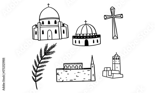 Line Art Collection of Churches, Crosses, and Mountain Landscapes