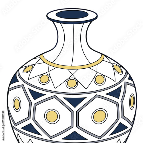 Adobe Illustrator Artwork: A close-up of a vase with blue and gold geometric patterns