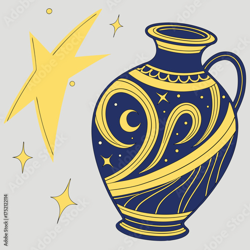 Adobe Illustrator Artwork: A decorative antique vase with crescent stars and moon, Vector art