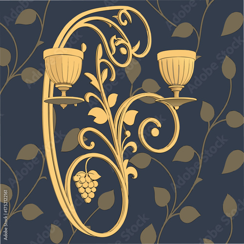 Adobe Illustrator Artwork: A decorative wall candelabra designed to hold candles with a leaf background