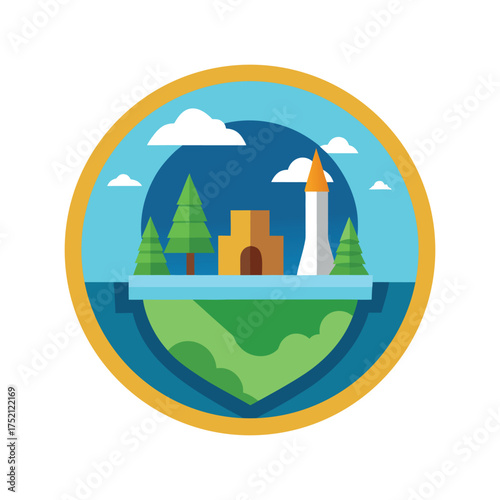 Whimsical floating island landscape with castle tower trees and water scene in circle emblem badge icon concept