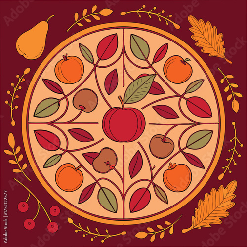 Adobe Illustrator Artwork: A symmetrical illustration of autumnal fruits and foliage