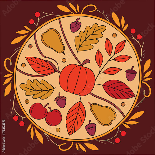 Adobe Illustrator Artwork: A symmetrical vector illustration of autumnal fruits and foliage
