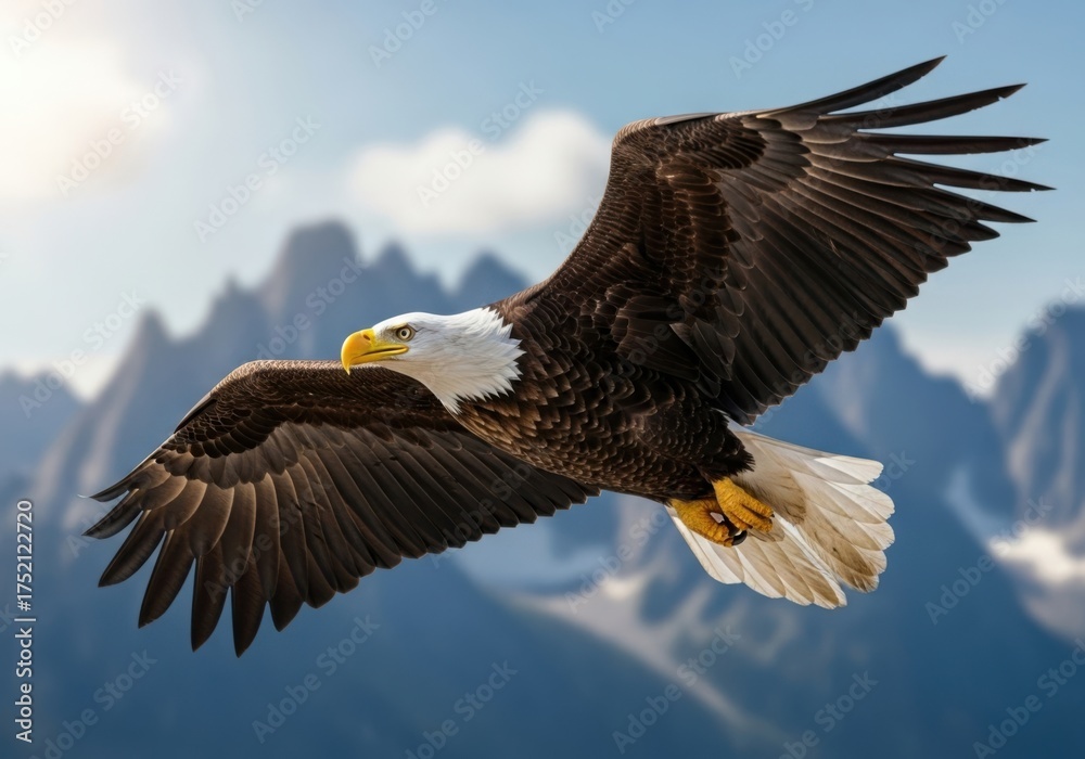 Fototapeta premium Majestic bald eagle soars gracefully above rugged mountain peaks under a bright sky