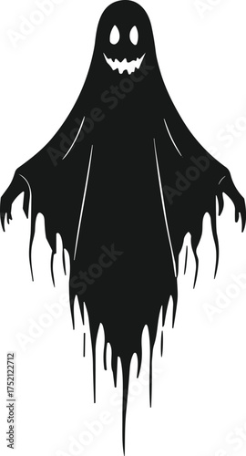 Ghost silhouette illustration, spooky Halloween artwork, scary haunted spirit, eerie phantom design, creepy supernatural figure, dark horror ghost, sinister spectral drawing