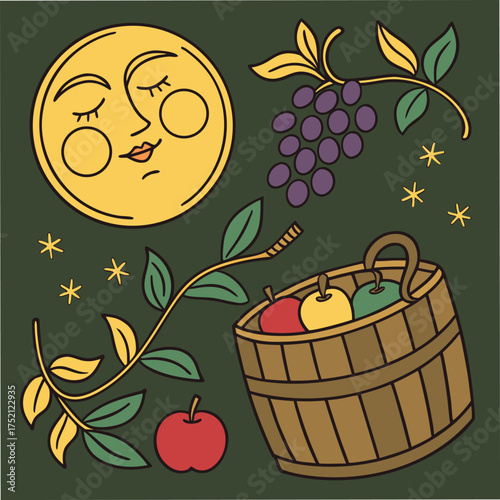 Adobe Illustrator Artwork: A vector illustration of a autumn and harvest at moon night