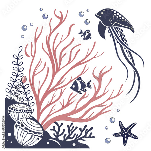 Adobe Illustrator Artwork: A vector illustration of a coral reef scene, jellyfish, starfish, and several fish with various marine life
