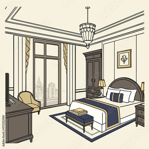 Adobe Illustrator Artwork: A vector illustration of a deluxe hotel room with a bed, an armchair, a television, and a window with a city view