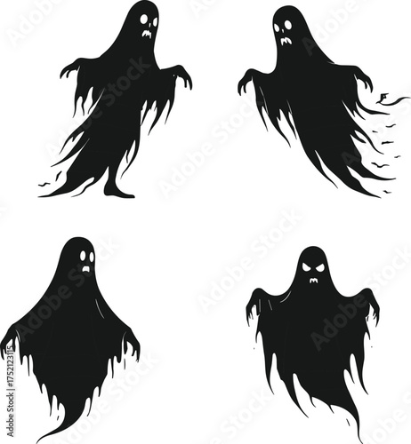 Ghost silhouettes illustration, spooky Halloween artwork, scary haunted spirits, eerie phantom designs, creepy supernatural figures, dark horror ghosts, spectral night decoration