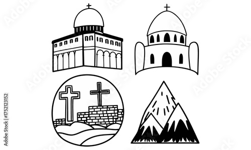 Line Art Collection of Churches, Crosses, and Mountain Landscapes