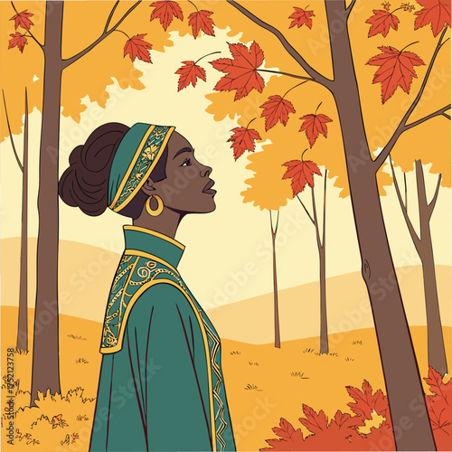 Adobe Illustrator Artwork: An illustration of a woman in an autumnal forest vector art