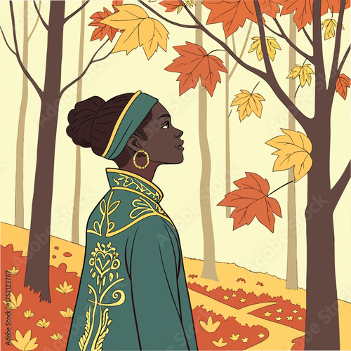 Adobe Illustrator Artwork: An illustration of a woman in an autumnal forest vector.