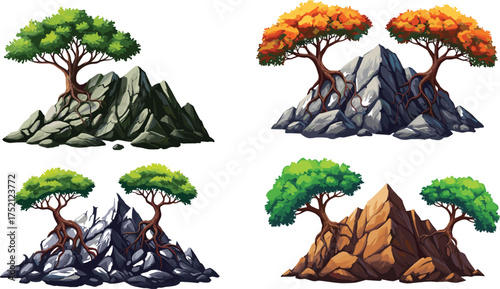 Fantasy mountain rocks with trees vector set, colorful nature landscape illustration showing roots, cliffs, and scenic rocky terrain design.
