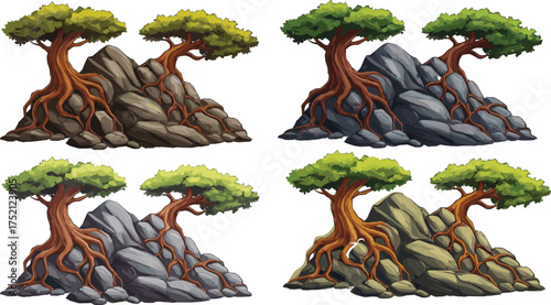 Fantasy rocky mountain trees with visible roots and green foliage, nature landscape vector illustration showing stone cliffs and forest design.