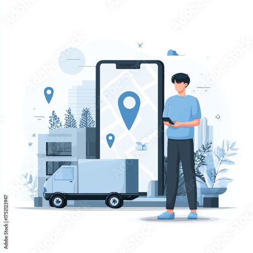 Online delivery service tracking with modern logistics solutions and a mobile application concept and tracking truck location