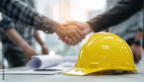 Construction Worker Team Shaking Hands Over Yellow Safety Helmet On Office Desk: Starting A New Project Contract At Construction Site With Partners And Contractors