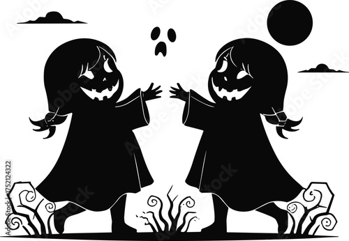 Halloween children pumpkin faces, spooky silhouette illustration, cloaked costumes with pigtails, eerie ghostly moon scene, festive seasonal artwork, symmetrical dark holiday design