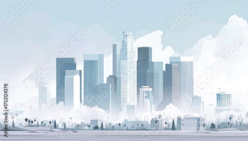 Panoramic View of Los Angeles Skyline with Modern Buildings and Soft Sky Illustration Art