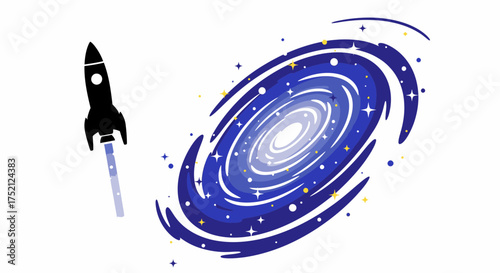 Cartoon Rocket Ascending Through Swirling Galaxy Illustration