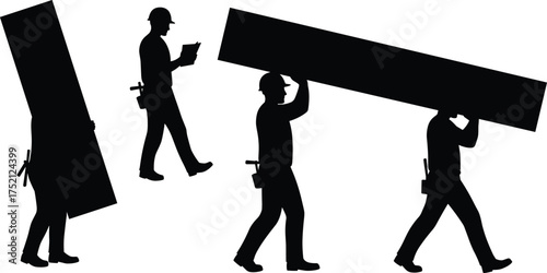Construction worker silhouettes carrying planks, hard hat laborers, building site teamwork, industrial safety, construction inspection, heavy lifting, contractor workforce illustration