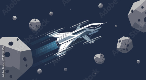 Futuristic Spaceship Flying Through Asteroids Field In Dark Outer Space