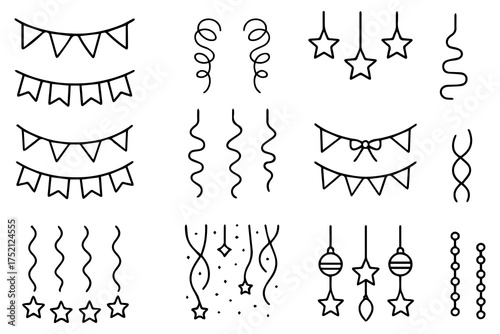 Vibrant Festive Garlands. Festive garlands flat icon set. star garland, snowflake garland, bell garland, ribbon garland, holly garland, ornament garland, candy garland, bow garland