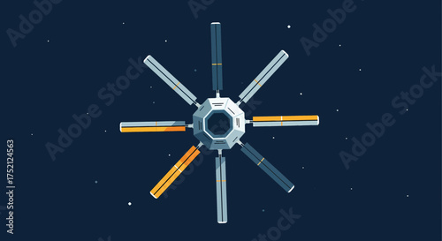 Isolated Space Station With Solar Panels Minimalist On Dark Background