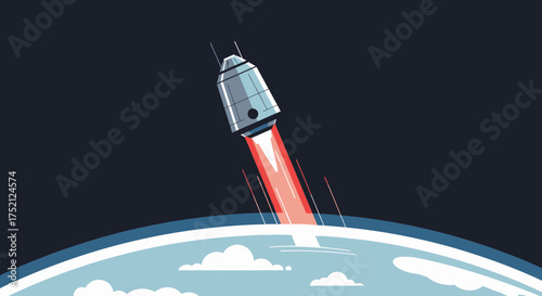 Illustration Of Rocket Launching From Earth Into Space Journey