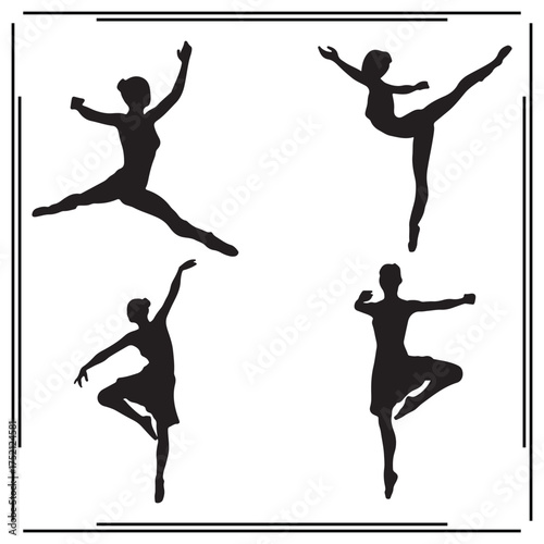 Ballet Dancer Silhouettes: Various Poses in Jumping, Leaping, and Twisting - Black Dance Figures on White Background