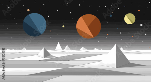 Minimalist Planets Landscape Under A Starry Sky Illustration