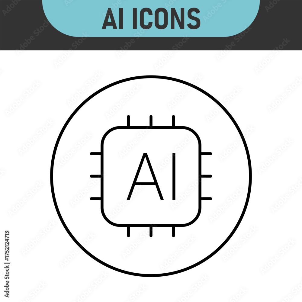 Obraz premium Set of AI icons. Artificial intelligence icon Collection. AI processor chip line icon. AI system vector icon. Color chip line icon